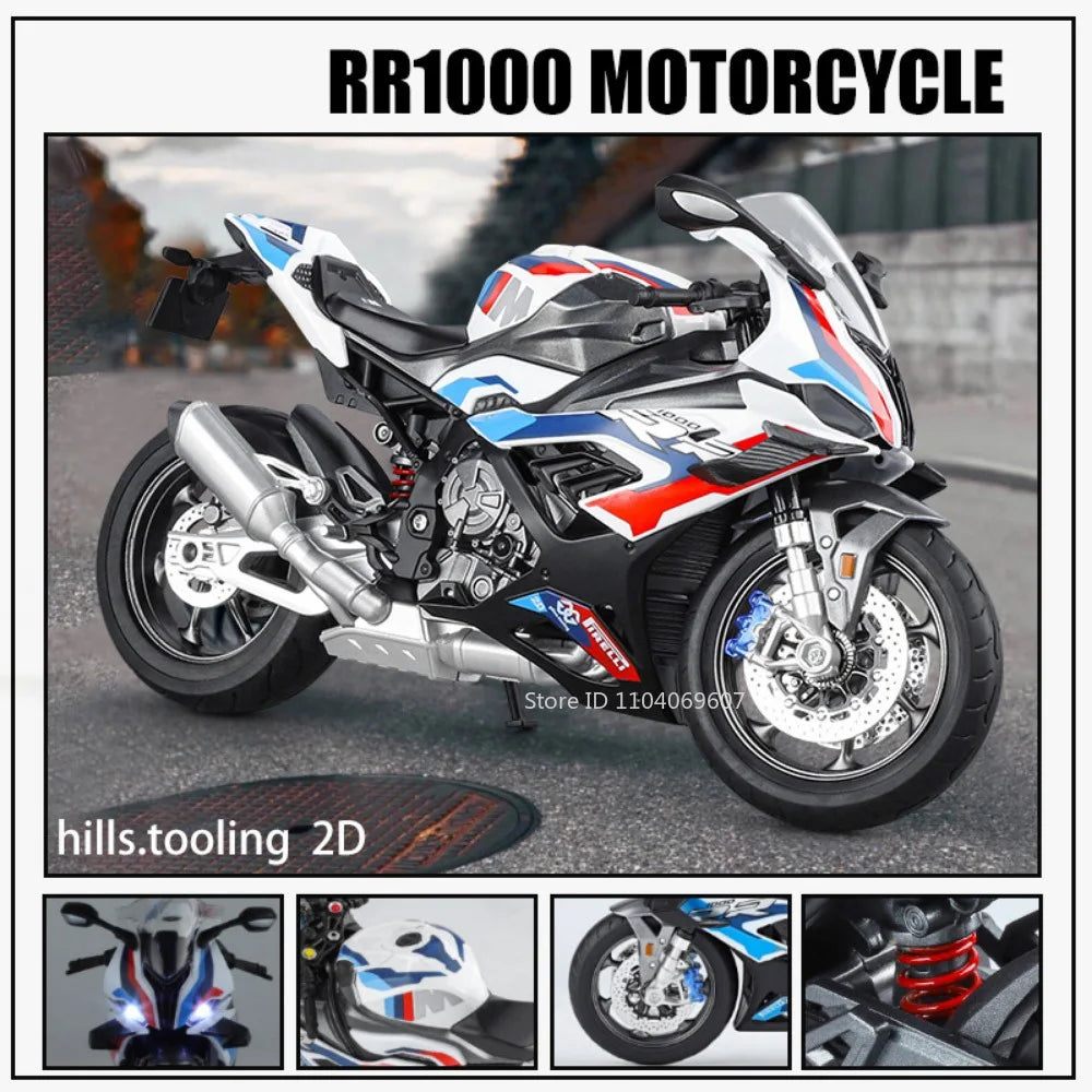 1:9 RR1000 Miniature Motorcycles Model Toys Alloy Diecast Rubber Tires Shock Absorption Simulation Motorcycle Models Boys Gifts