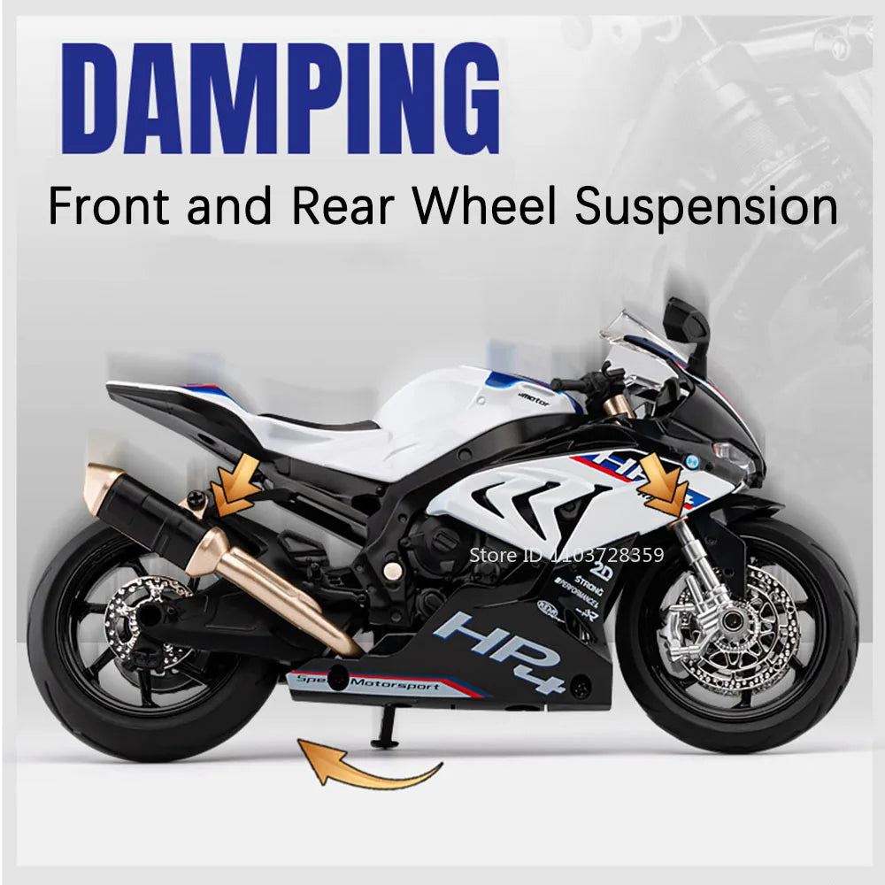 1:12 HP4 Model Toy Miniature Motorcycles Alloy Diecast Sound Light Shock Absorption Rubber Tires Ornament Motorbikes Boys Gifts