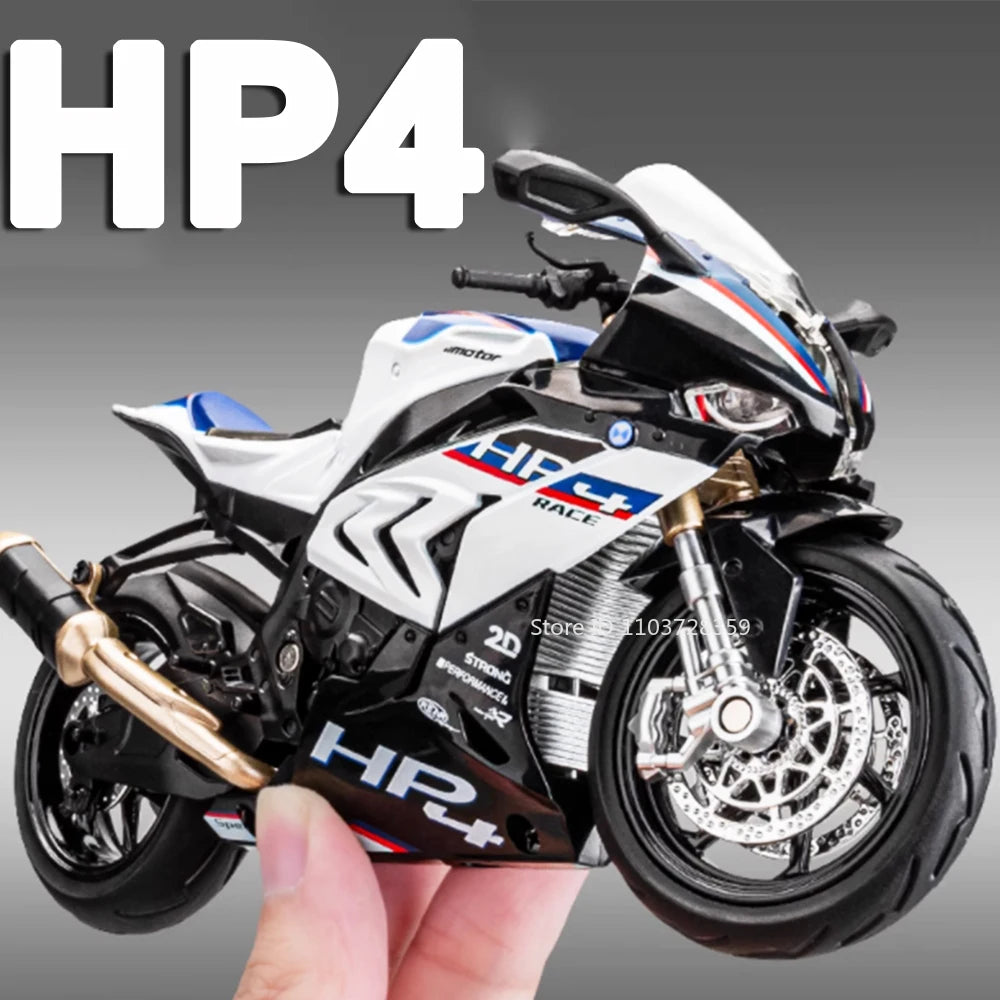 1:12 HP4 Model Toy Miniature Motorcycles Alloy Diecast Sound Light Shock Absorption Rubber Tires Ornament Motorbikes Boys Gifts